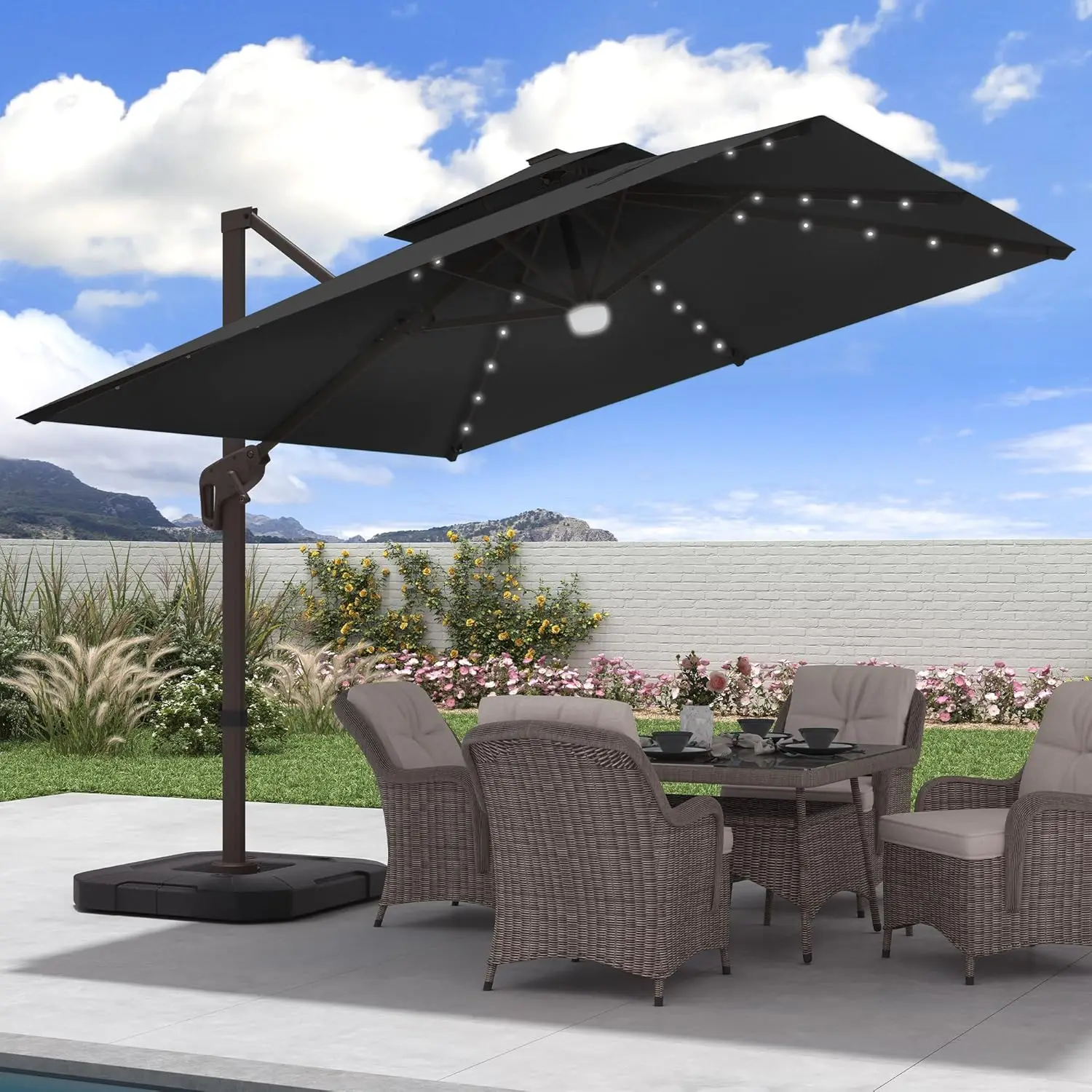 9x9 FT Outdoor Cantilever Patio Umbrella with Base Included and Solar LED Lights, Large Heavy Duty 2-Tier Square
