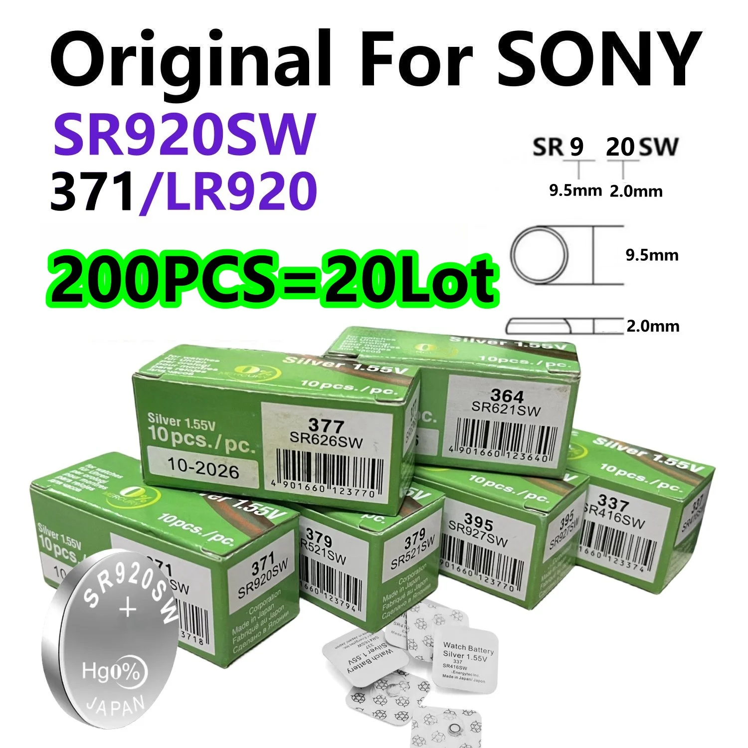 

200 PCS 371 Battery AG6 SR920SW 1.55V Silver Oxide Watch Button Cell Batteries for Toys Remote Individual packaging