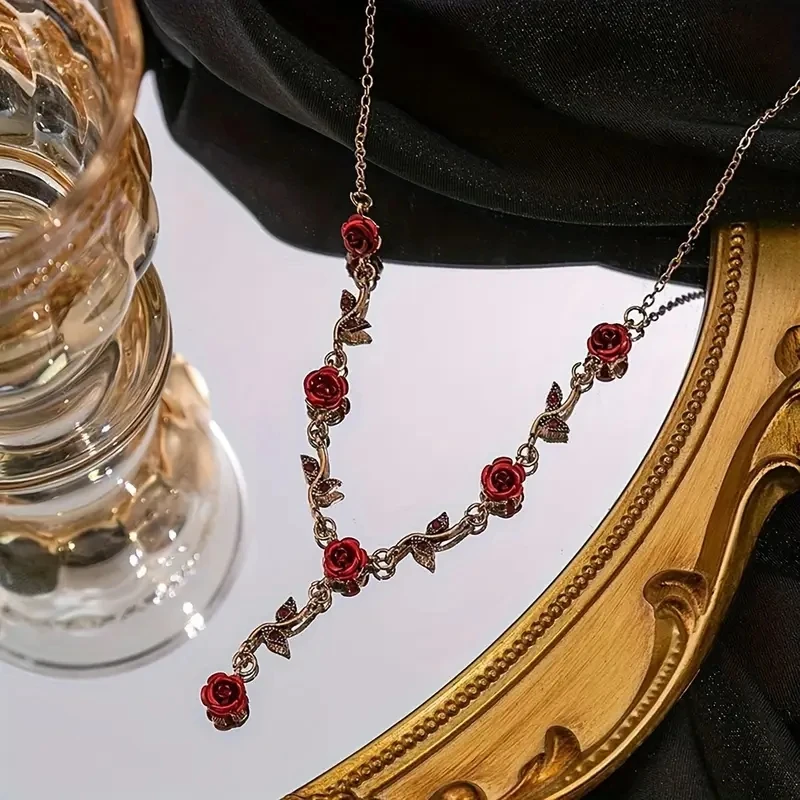 New Cross-border Fashion Jewelry, Vintage Rose Necklace and Earrings, Light Luxury High-end Necklace Set