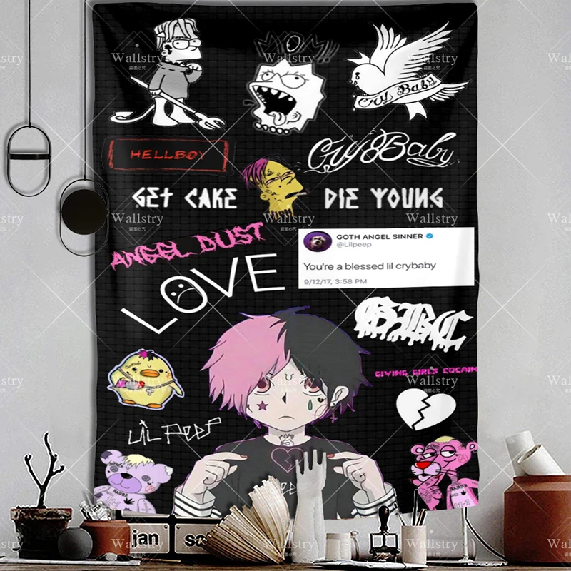 Boy Lil Peep Cartoon Tattoo Designs Large Fabric Wall Hanging Psychedelic Tapestry Aesthetic Bohemian For Living Room Bedroom