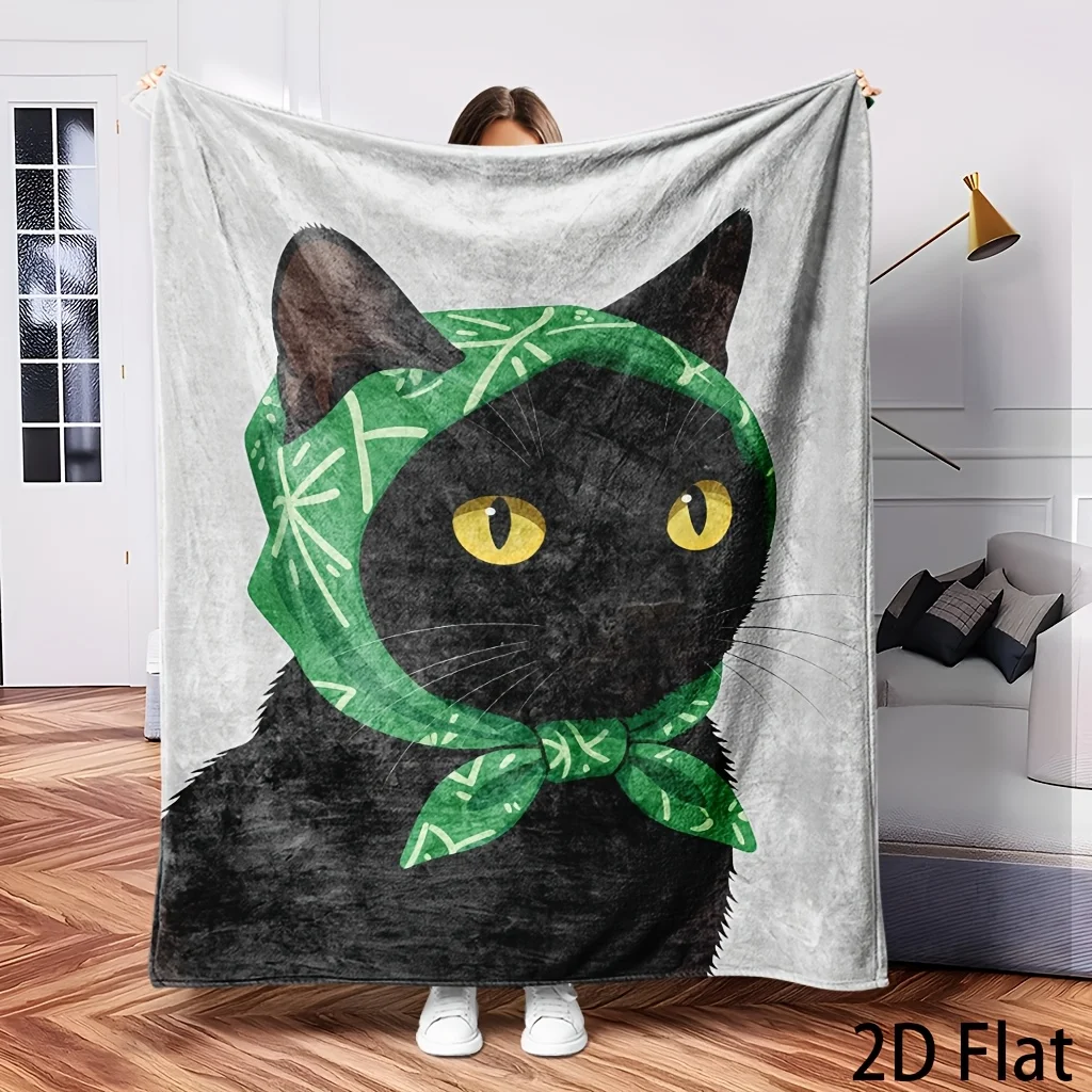 Funny Black Cat Wearing Green Bandana Pattern Flannel Throw Blanket,Cozy Soft Warm Blanket for Bed Couch Travel Birthday Holiday