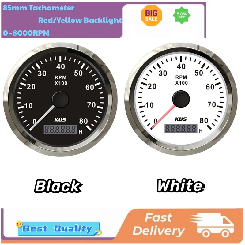 

KUS 0-8000RPM Waterproof Tachometers Gauges Pulse Signal Revolution Meters Devices 85mm Rev Counters 12V/24V for Auto Boat Rv