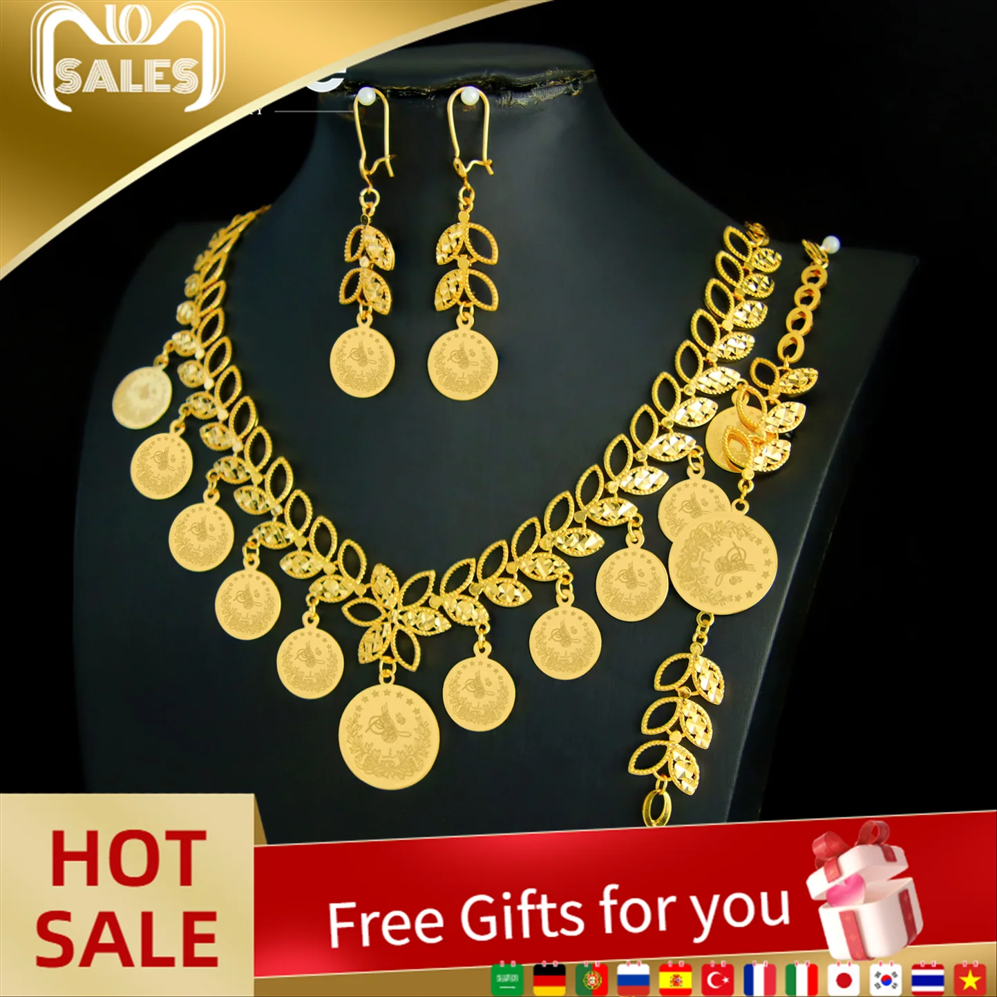 

Luxury Turkish Coin Jewelry Set 21k Gold Plated Arabic Kurdish Necklace Bracelet Earrings Dubai Islamic Wedding Jewellry