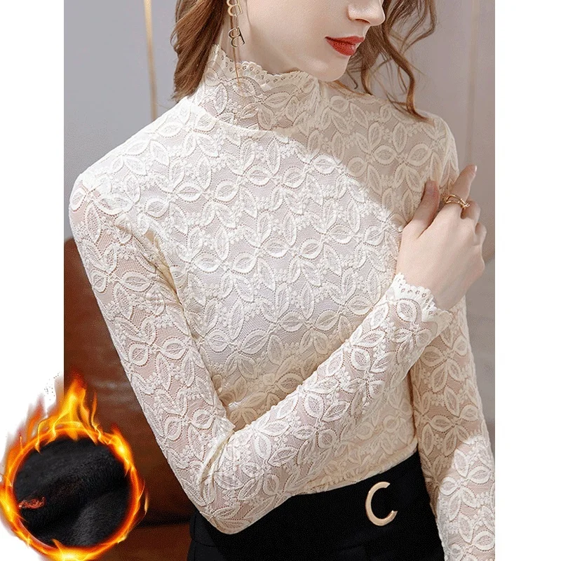 

Женская кружевная базовая футболка-свитер с высоким воротником, утепленная, модная, осенне-зимняя, с сетчатыми вставками