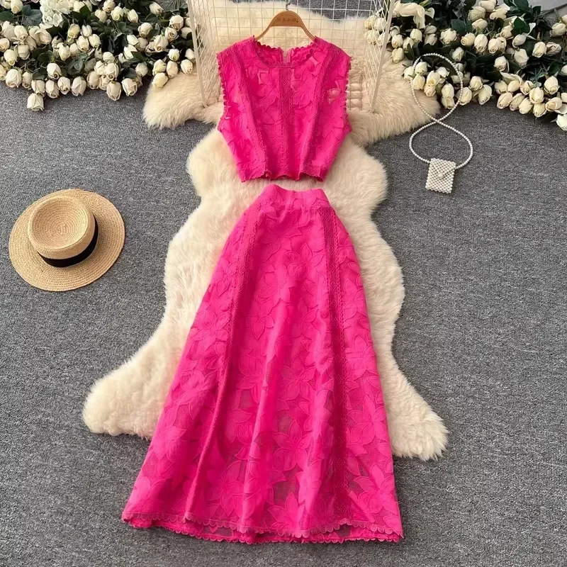 Women 2 Piece Set Elegant Hollow Out Crochet Crop Top A Line Midi Skirt Embroidery Lace Suit Sexy Summer Party Outfit