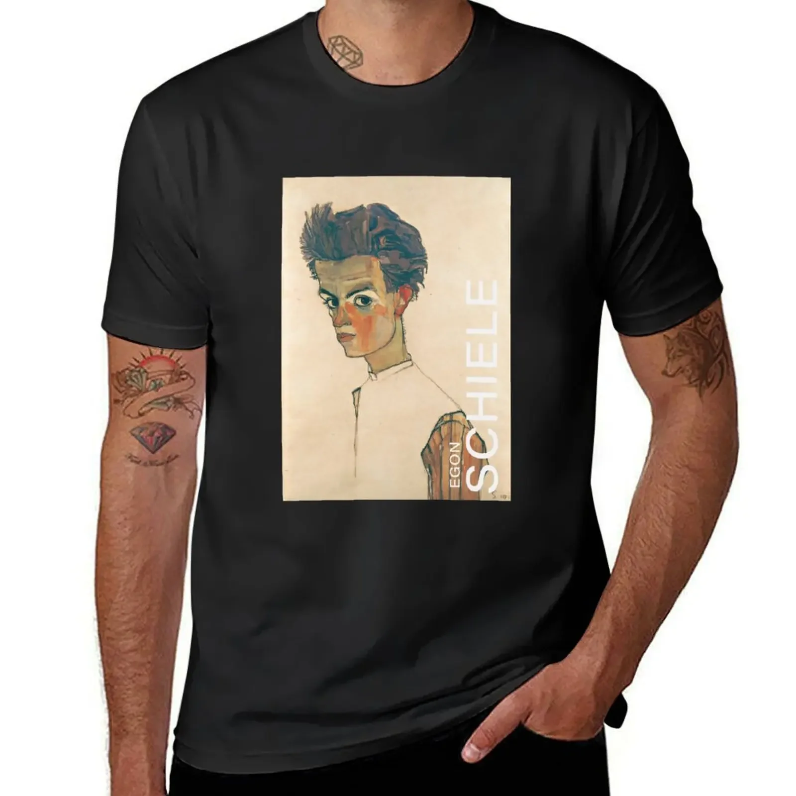 

Egon Schiele - Self-Portrait with Striped Shirt T-Shirt blue lock for a boy Aesthetic clothing mens plain t shirts