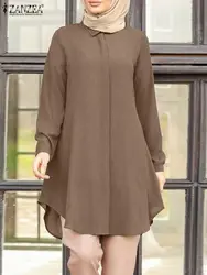 Kobiety Vintage muzułmańska bluzka ZANZEA wiosenny elegancka, długa rękaw koszulka Solid z indykiem topy Abaya Marocain Blusas odzież IsIamic