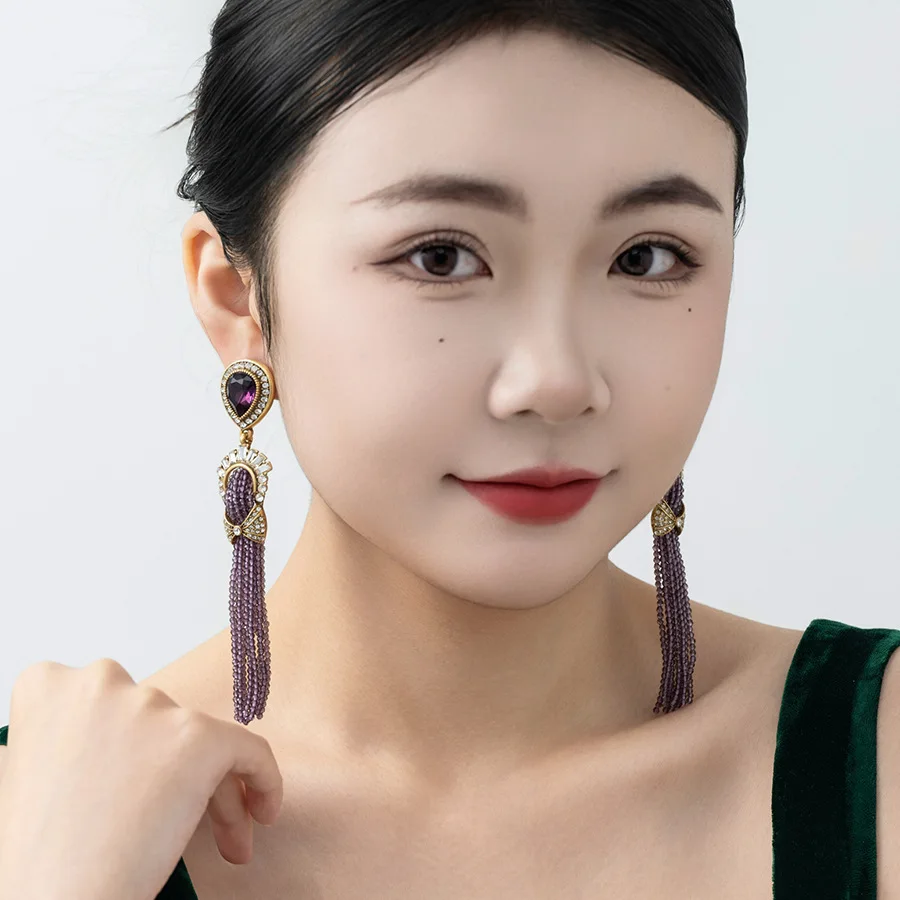 

Medieval Vintage Palace Fashion Water Drop Amethyst Gem Tassel Long Earrings High-end Light Luxury Statement Earrings for Women