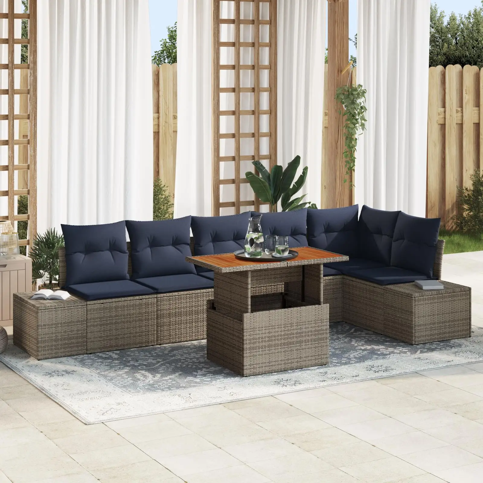 

7 Piece Outdoor Garden Sofa Set with Grey Cushions Poly Rattan Acacia Furniture
