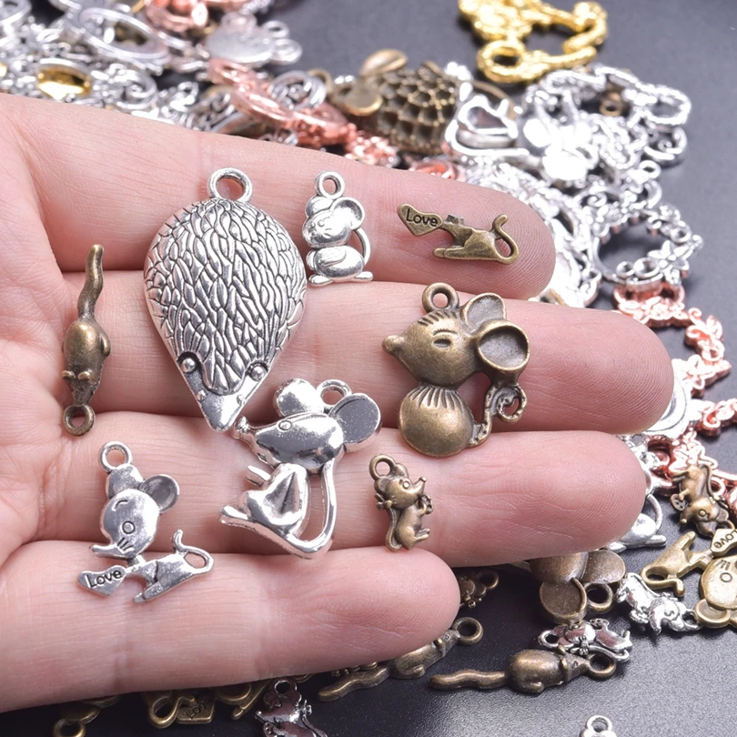 10/20/30pcs Mouse Rat Charm Flower Mouse Charms Metal Animal Antique Bronze Silver Color Pendants For Jewelry Making DIY Handmad