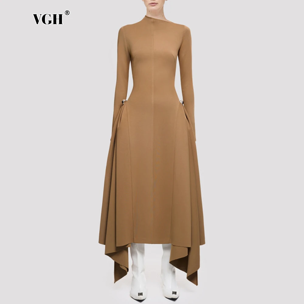 

VGH Elegant Solid Tunic Dresses For Women Diagonal Collar Long Sleeve High Waist Spliced Metal Irregular Dress Female Fashion