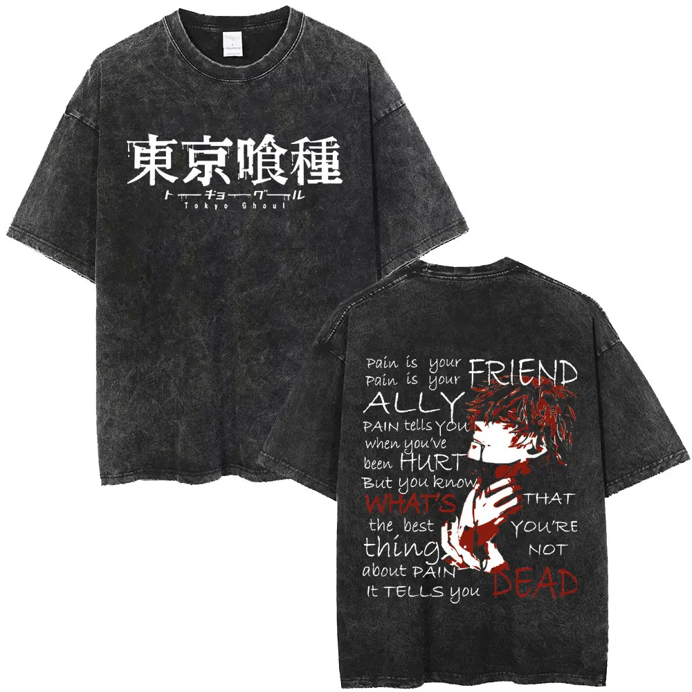 Washed Vintage Anime Tokyo Ghoul Spider Lily T-shirt Manga Cool Ken Kaneki Eyes Men Women T Shirts Fashion Oversized T-shirts