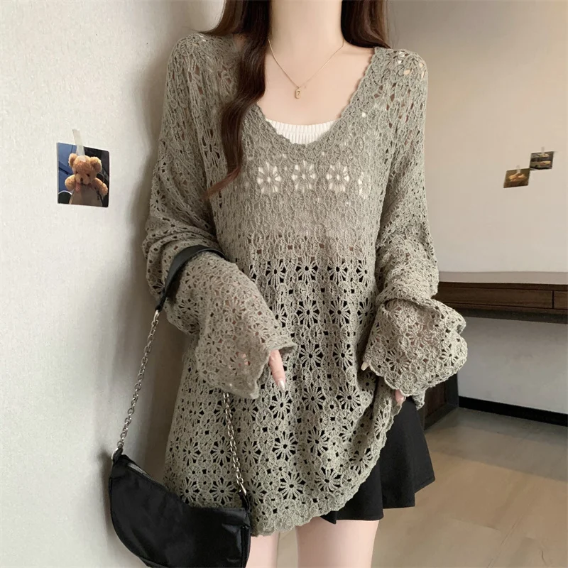

Spring Autumn New Long Sleeved O-Neck Knitted Sweater Fashion Casual Loose Hollow Out Women's Sunscreen Shirt
