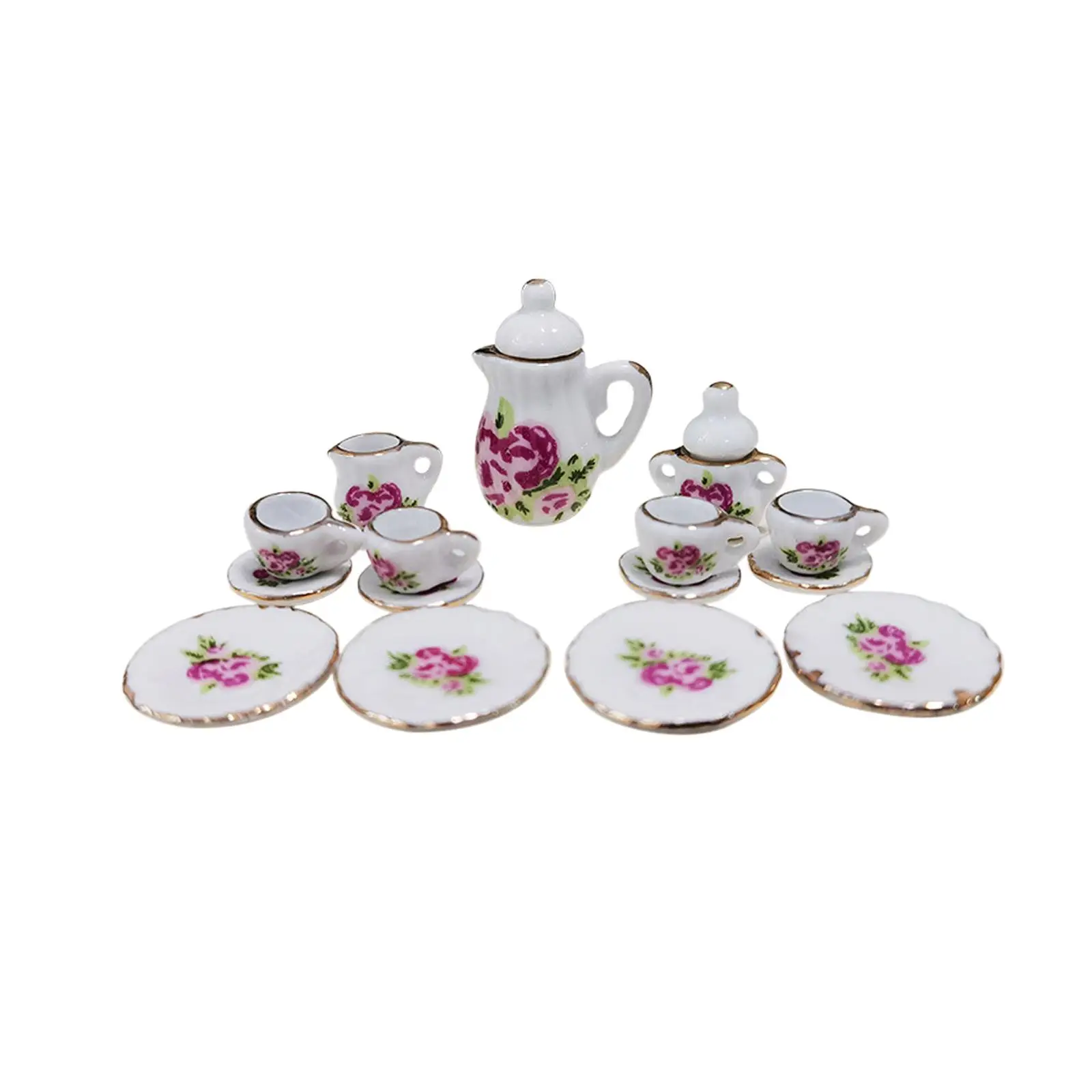 Dollhouse Miniature Porcelain Tea Set with Teapot Sugar Bowl Milk Jug and Saucers for 1 12 Scale Doll House Furniture