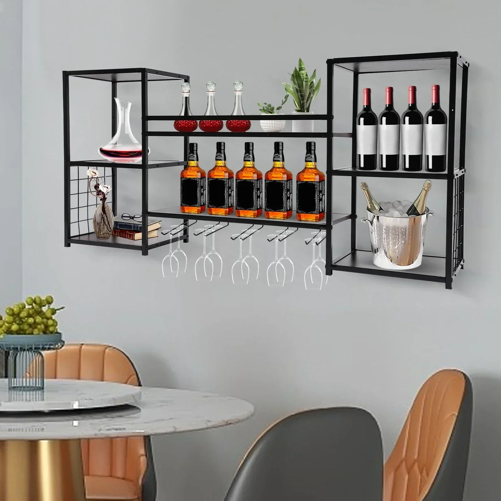 Industrial Wall Mounted Wine Rack with 5 Stem Glass Holder Wine Bottle Holder Wood Shelves Kitchen Storage Floating Shelves