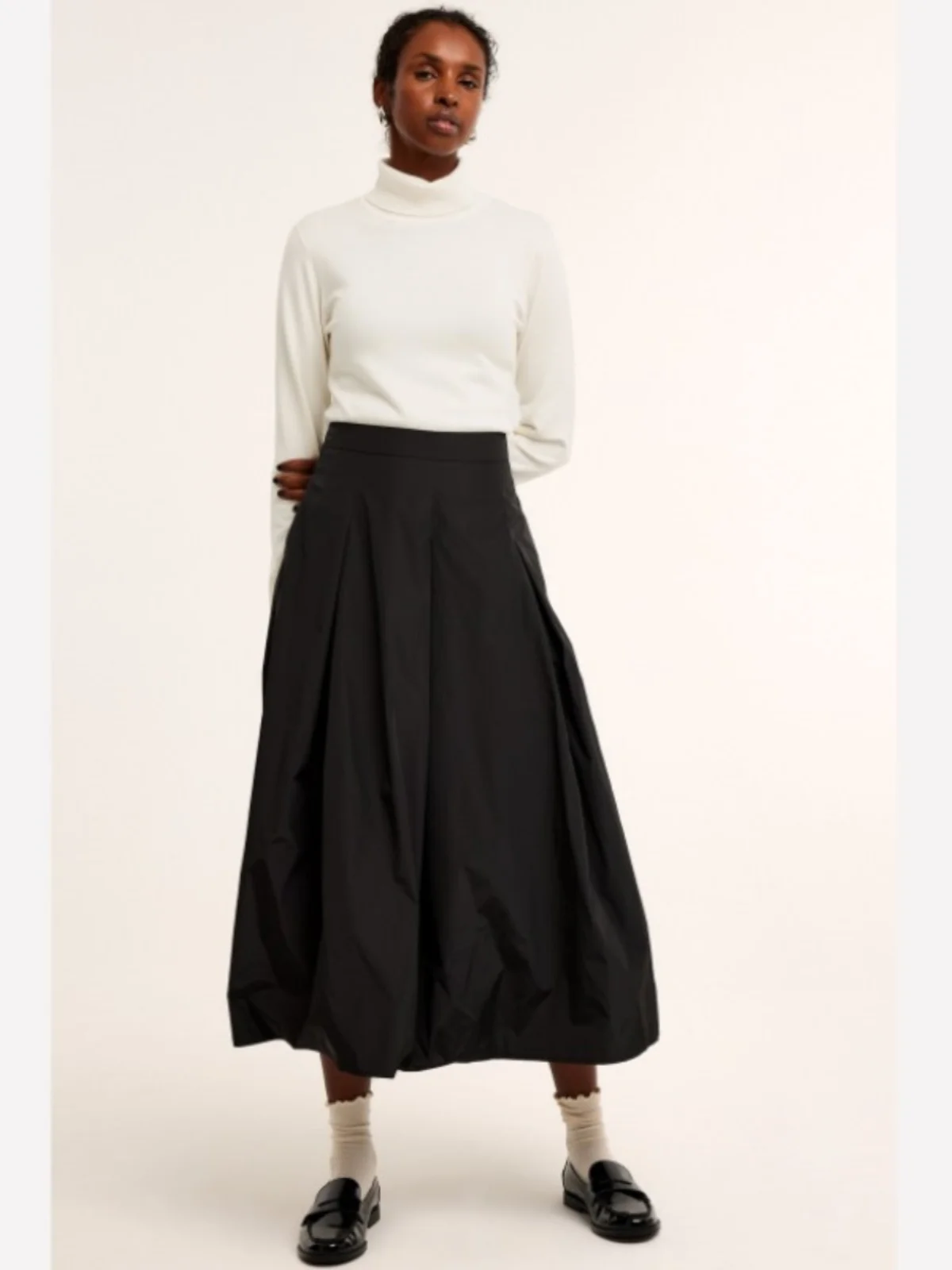 ผู้หญิงเอวสูงกระโปรง Midi Bla จีบกระโปรง Qui แห้ง Ele Sle นวนิยายสีบริสุทธิ์เส้นใยโพลีเอสเตอร์