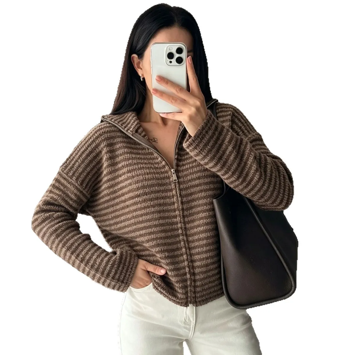 Turn Down Collar Zipper Jacket Regular Length Casual with Stripe Cardigan Striped Long Sleeve Heat Set Finish Women Sweater