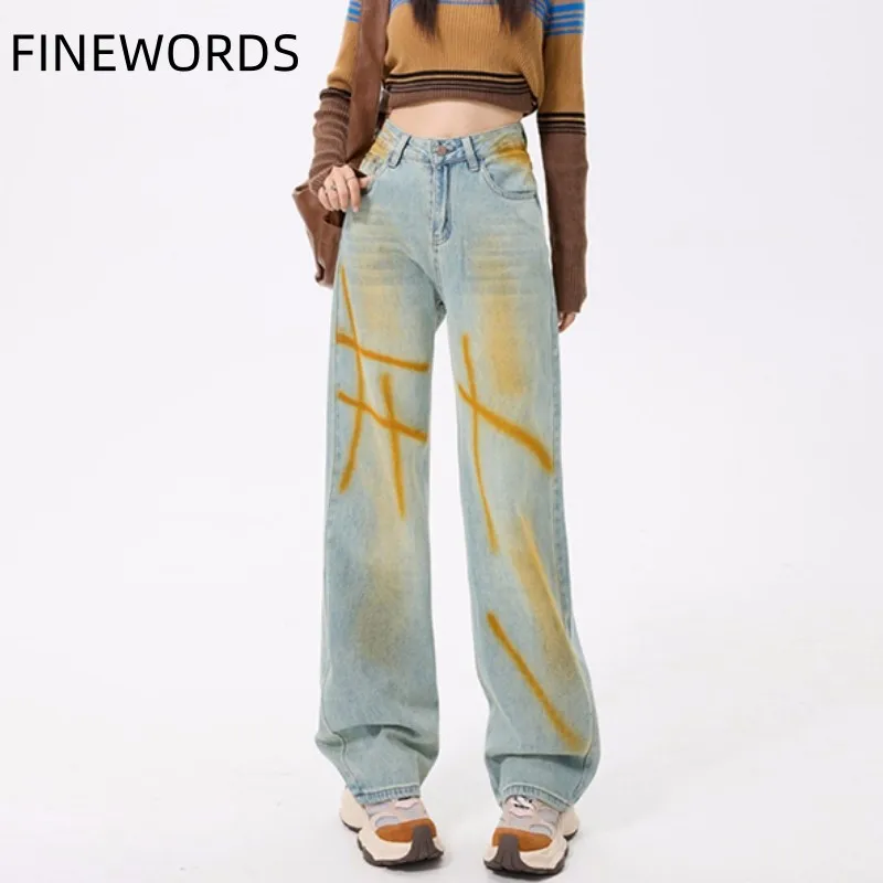 FINEWORDS Fashion Retro Tie-dye Jeans Women Streetwear High Waist Jeans Korean Stretch Full Length Loose Wide Leg Jeans