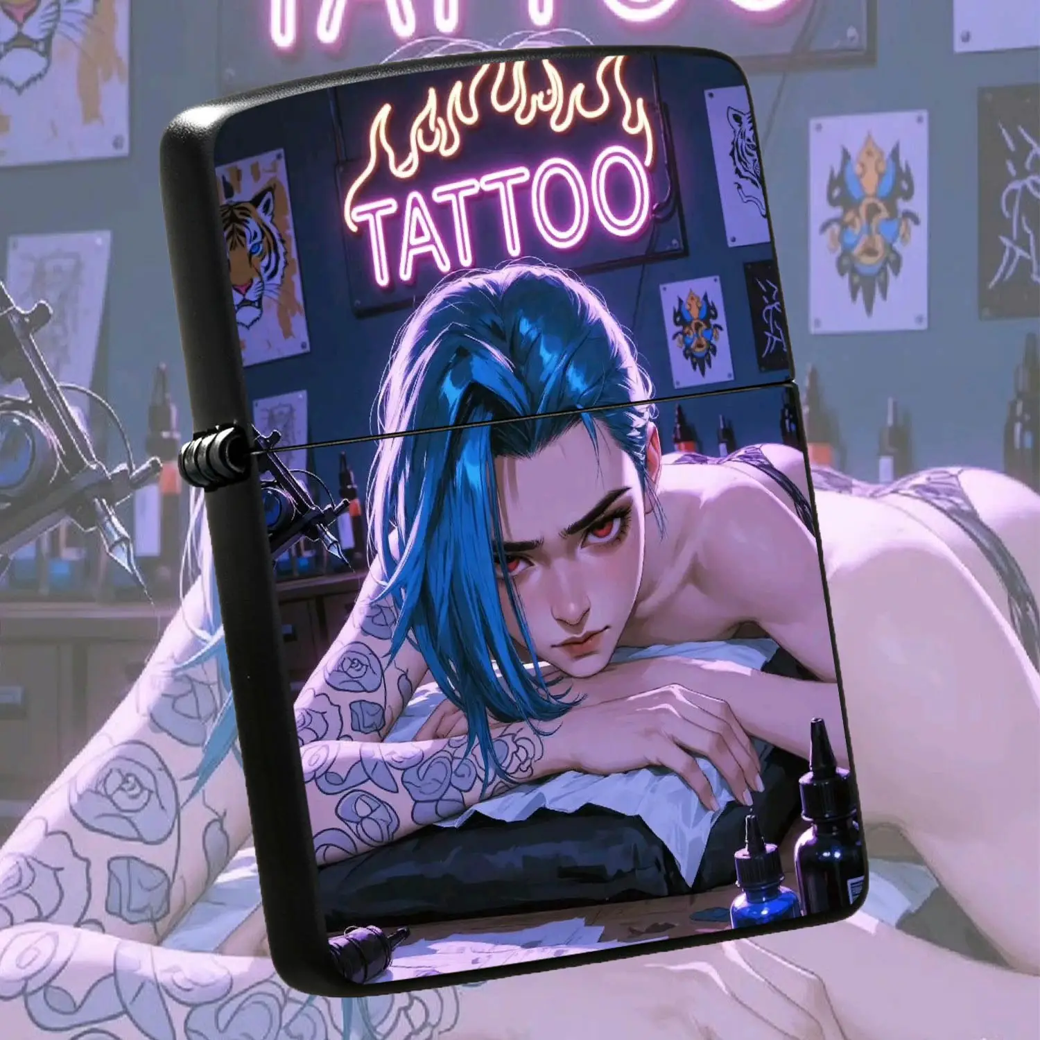 Trendy Cool Blue-Haired Red-Eyed Girl Tattoo Studio Themed Art Printed Portable Lighter, Vibe Neon Creative Unique Decor Gadget, Suitable For Daily Commute Outdoor Trips All Scenarios, Exquisite Distinctive Memorial Gift For Pals And Hobbyi