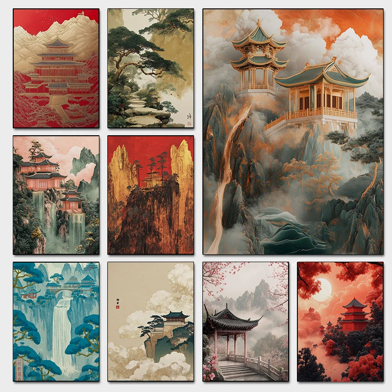 1pc frameless Canvas Painting Mountain Temple Dramatic Cloud Waterfall Posters Red Gold Palace Modern Prints Canvas Painting Wal