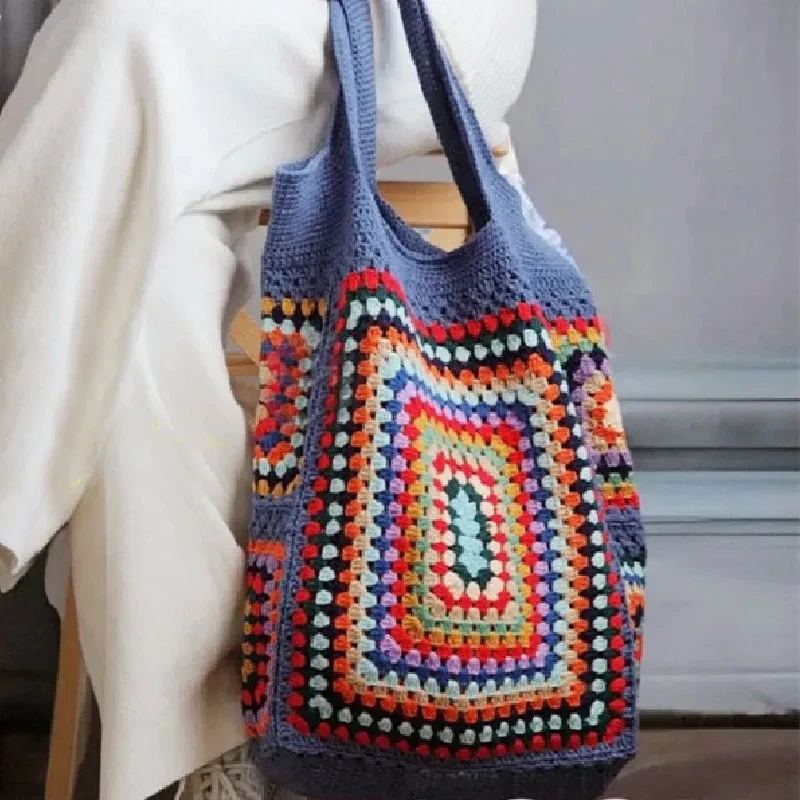 Bolso de hombro tejido a mano para mujer con rejilla de abuela y forro, bolso de playa simple y moderno, bolso de compras