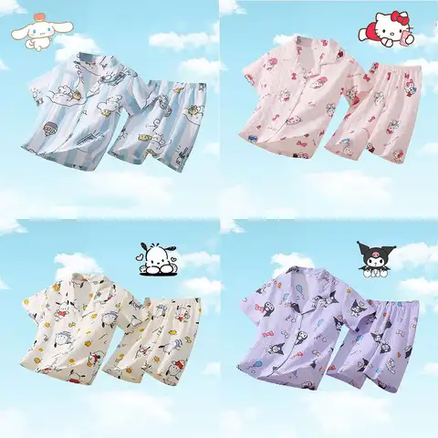 2Pcs 귀여운 Cinnamoroll 어린이 잠옷 세트 여름 Kuromi 카디건 반팔 탑과 짧은 바지 어린이 가정 의류