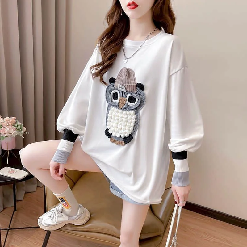 

Cute Graphic T-Shirts for Women Casual Female German Velvet Pullover Long Sleeve Korean Style Vintage Mid Length Women Clothes