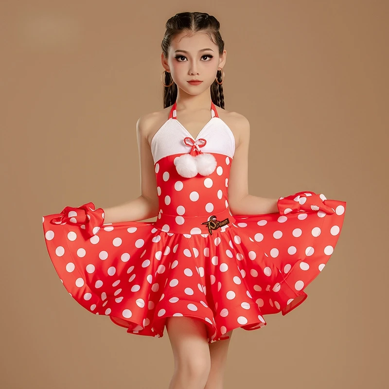 

Детское платье для латинских танцев, детские тренировочные костюмы, праздничный конкурс, комплект с открытой спиной, большой красный и белый волнистый комплект в горошек