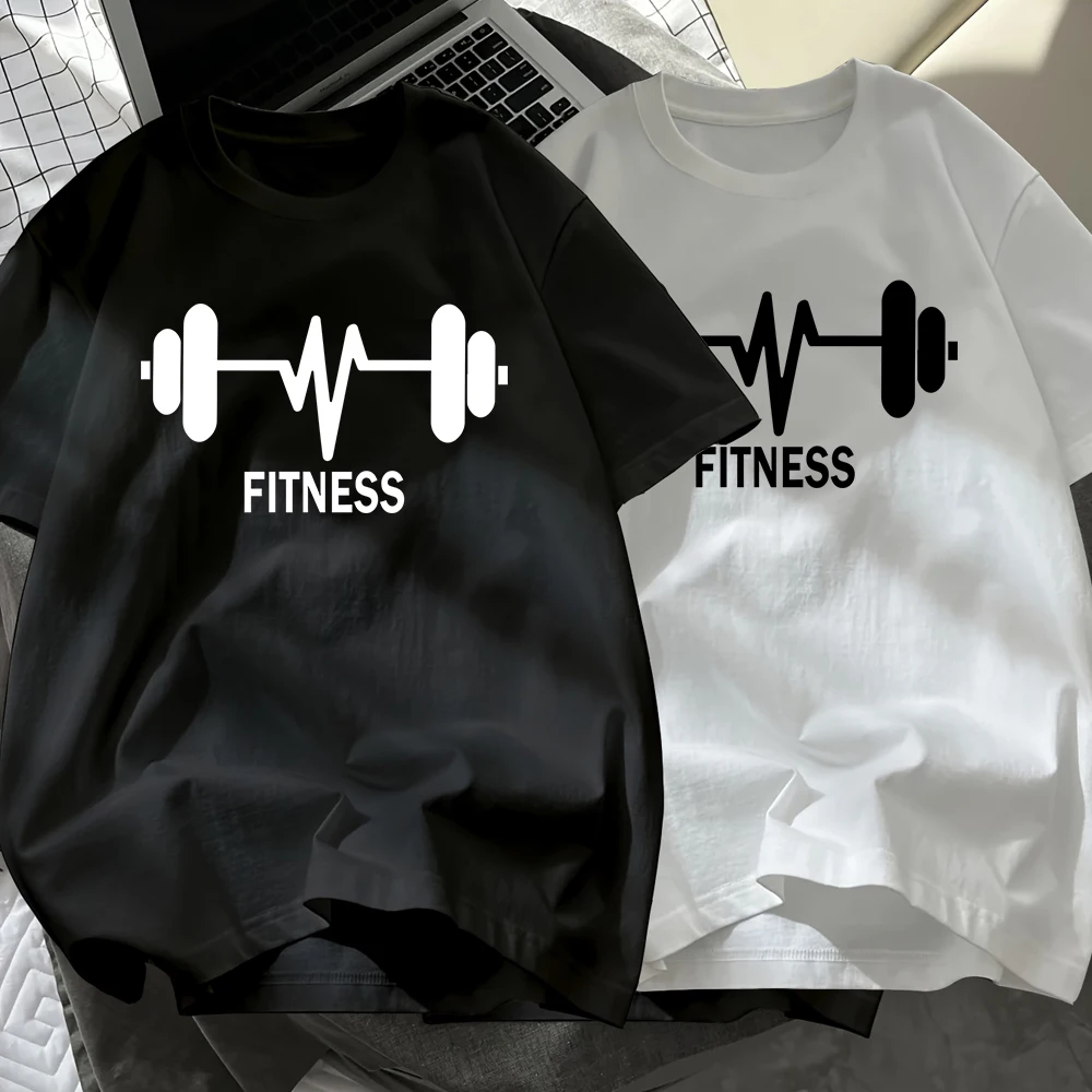 

Мужская футболка с принтом штанги, хлопковая, летняя, мягкая, с коротким рукавом, черно-белый комплект, оверсайз, с круглым вырезом, повседневная одежда