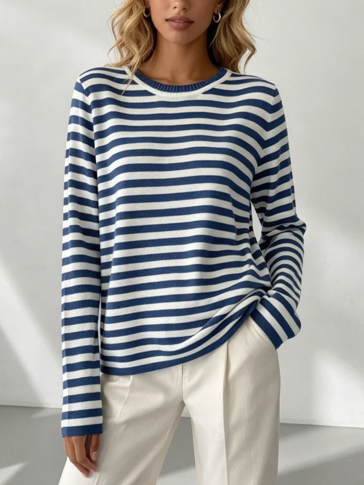Fashion Casual Women Lightweight Striped Sweater Crew Neck Stripe Long Sleeve Loose Fit Spring Autumn Knit Top