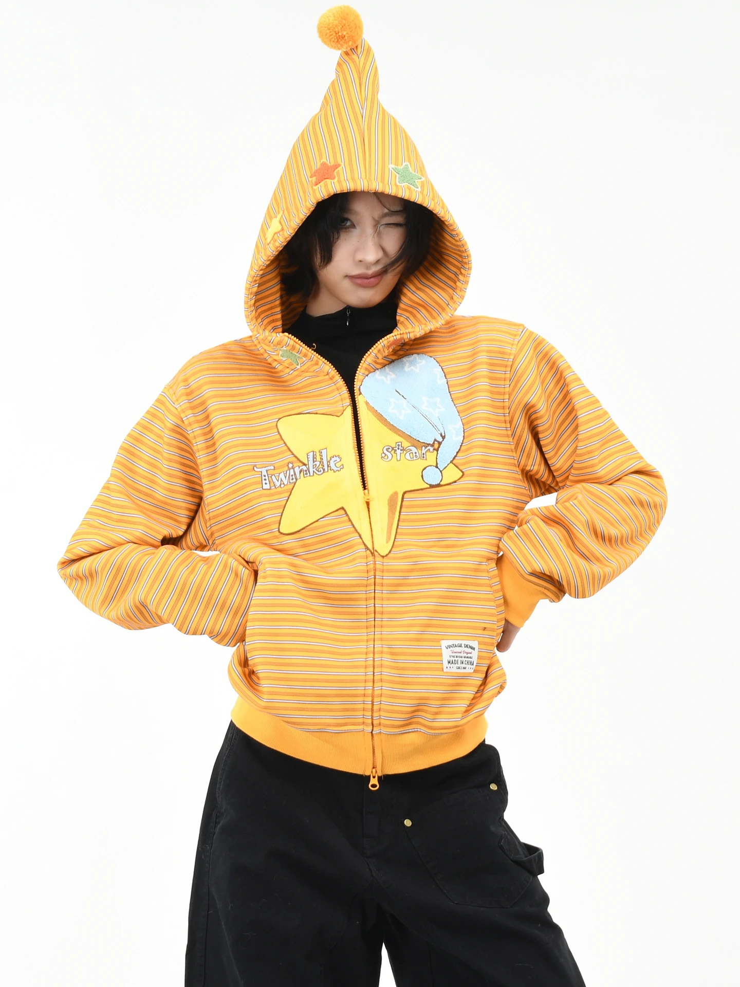 

OV Original American Striped Star Fce Lined Sweatirt Women Winter Lazy Sle ort Cardigan Jaet Trendy Hooded Zipper