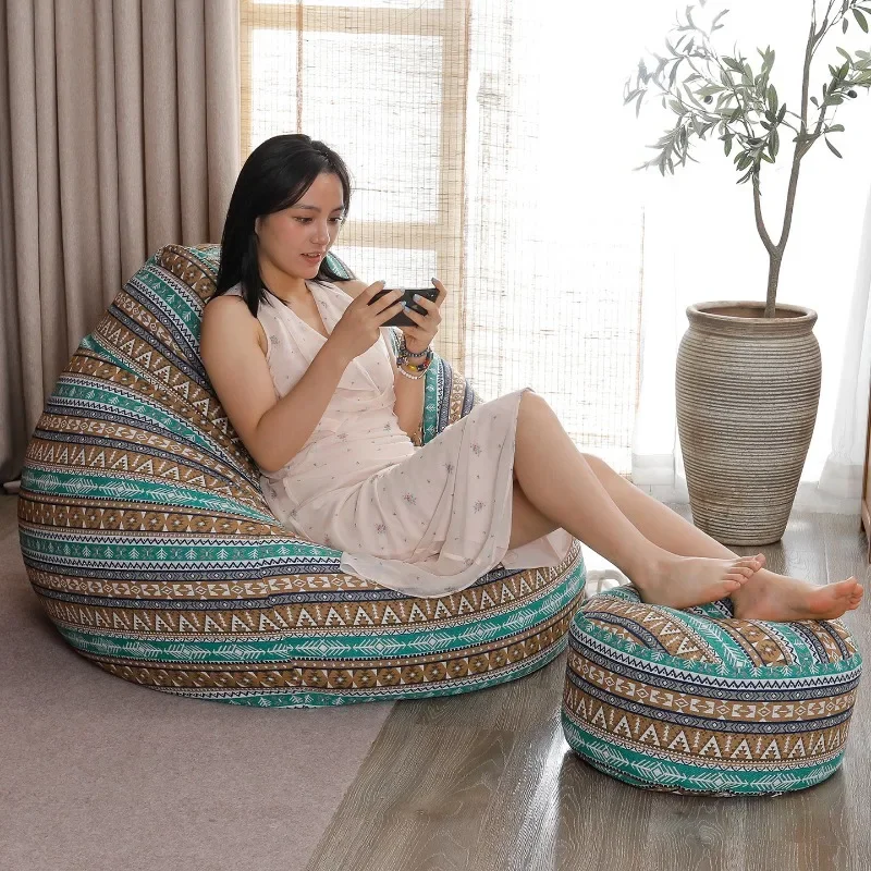 Bohemian Style Lazy Bean Bag Sofa Single Seat Soft Chenille Jacquard Polyester Cotton Fabric Lounge Sofa Puff Bean Bag Sofa