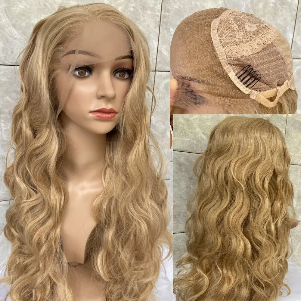 Long Wavy Lace Front Human Hair Blend Heat Blonde Mix Women Wigs