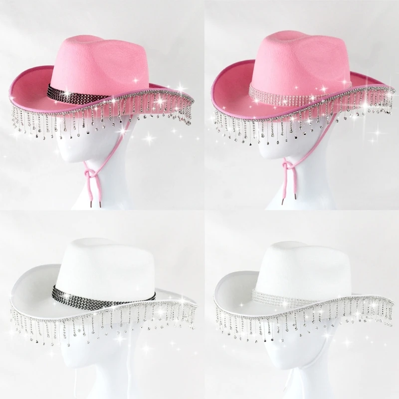 Pink West Cowboy Hat Western Cowgirl Women Girls Rhinestones Cowgirl Hat Carnival Party Cap West Costumes for Adults