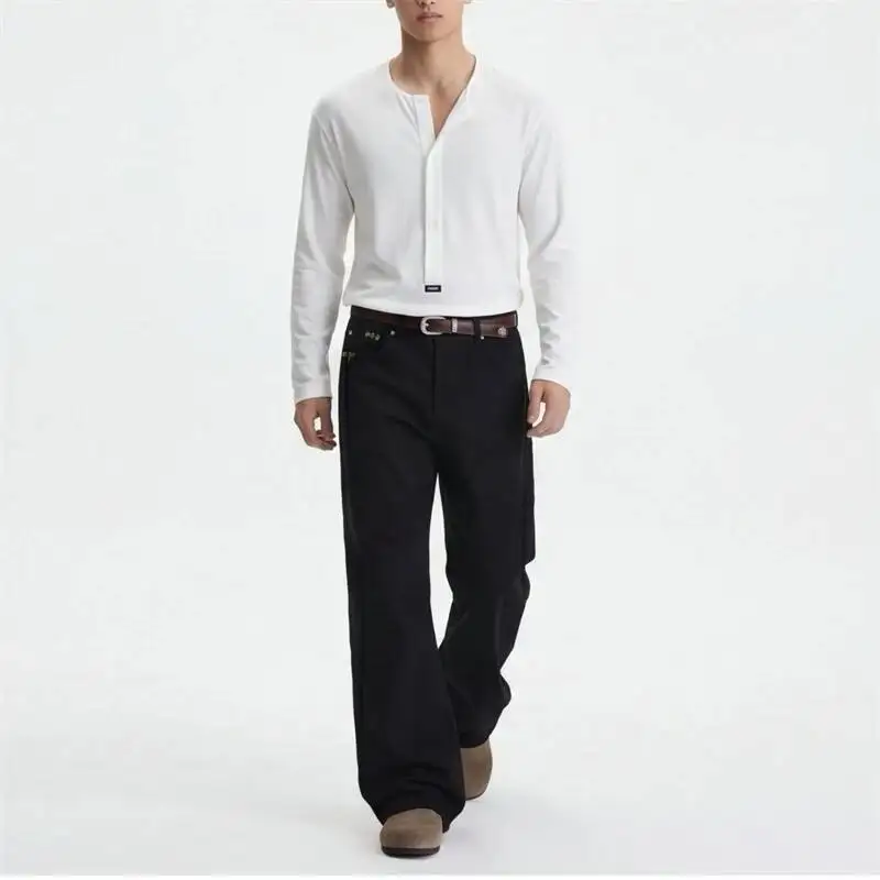 Spring Summer Men's Old Money Style Hand Stitched High Waisted Black Jeans Slightly Flared Slim Fit Cleanfit Pants