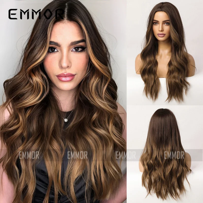 

Full head wig with middle parting, gradient brown highlights, high-temperature synthetic fiber, long curly hair for women