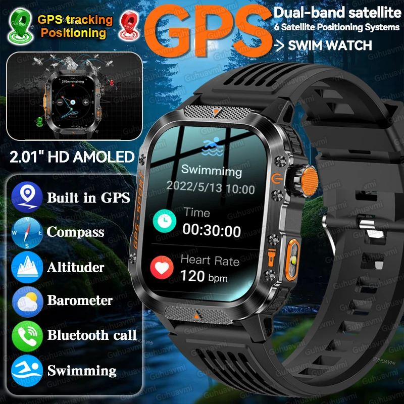 นาฬิกาอัจฉริยะ GPS ในตัว รุ่นใหม่ ปี 2025 สำหรับผู้ชาย แบตเตอรี่ 540mAh พร้อมเข็มทิศ วัดความสูง วัดความกดอากาศ ไฟฉาย โทรออกด้วยเสียง สายรัดข้อมือสำหรับเล่นกีฬาและว่ายน้ำ