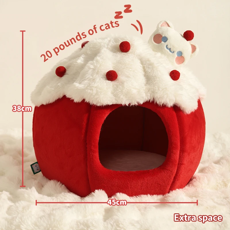 HOOPET Cat House Cat Litter Winter Warm Super Large Cat Bed Winter Pet Cat House Enclosed Security Strawberry Pet Litter