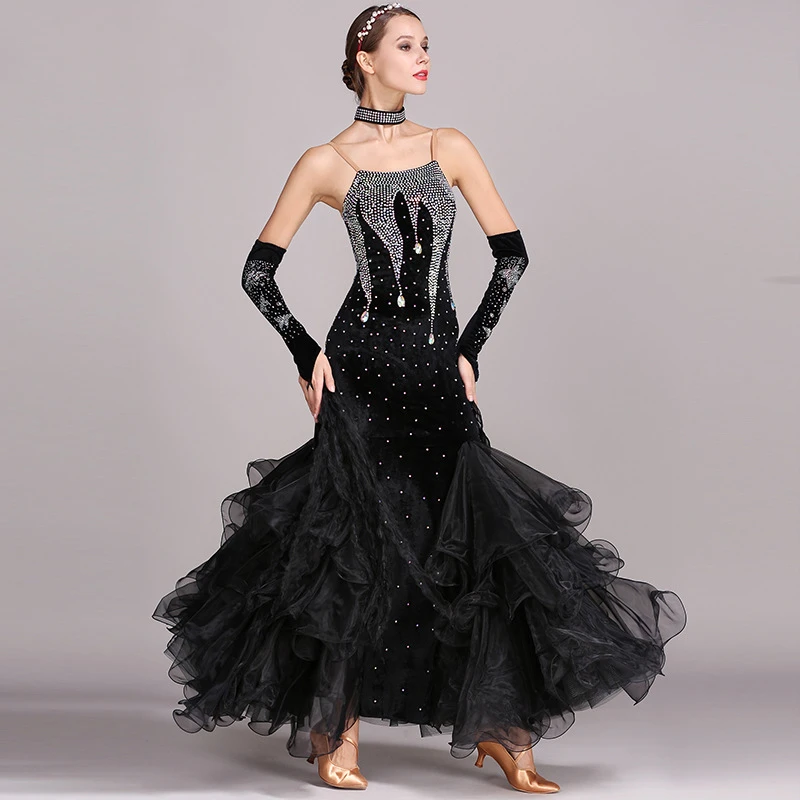 customized modern dance dress for women big swing skirt diamond studded performance costume balloom standard dance dress suit