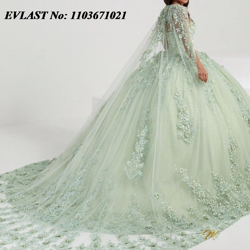 EVLAST Customized Sage Green Quinceanera Dress Ball Gown Lace Applique Beading With Cape Sweet 16 Vestidos De XV 15 Anos SQ38