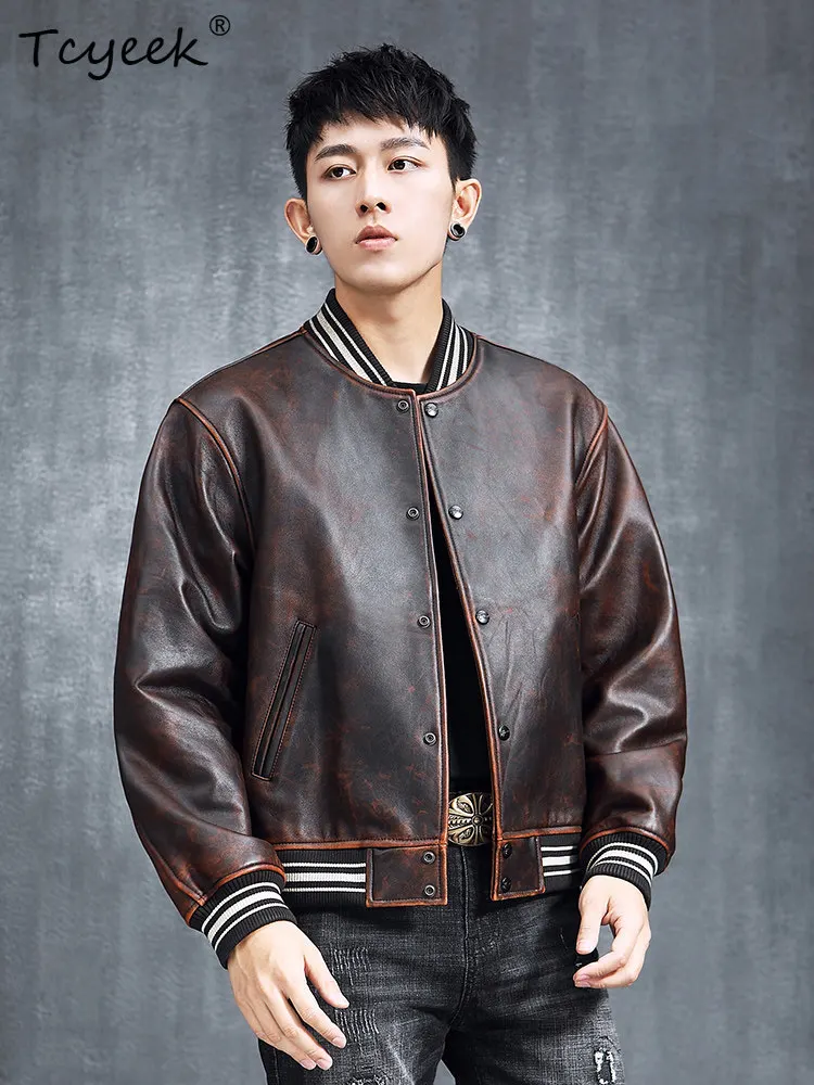 Tcyeek Real Leather Jacket Men Sheepskin Motorcycle Coat Spring Autumn Clothes Baseball Jackets Man Trendy Embroidery Loose Fit