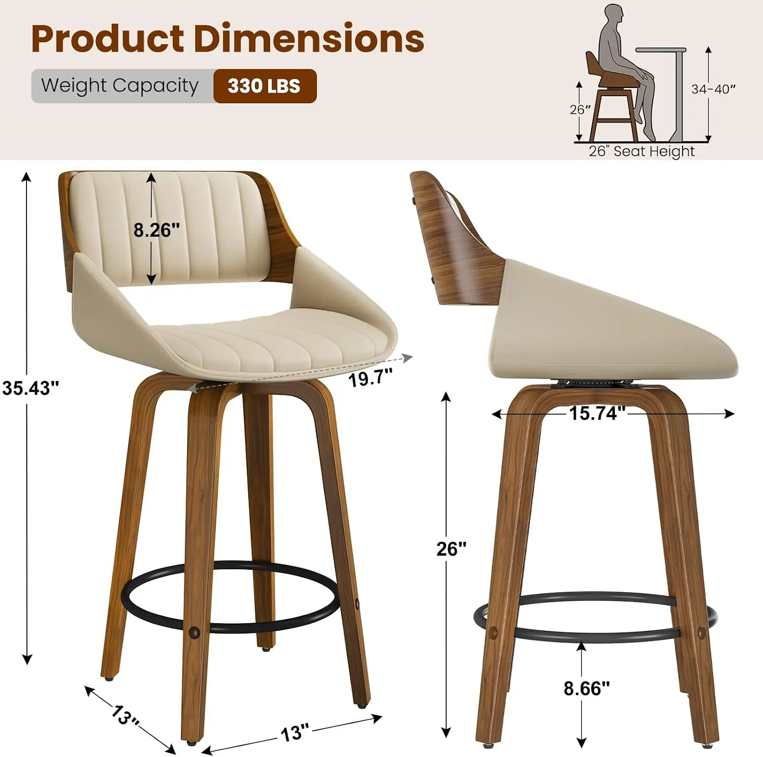 26" Swivel Counter Height Bar Stools Set of 2, Mid-Century Modern Faux Leather Upholstered Beige Chairs for Kitchen Island, Cafe, Dining Room view 2