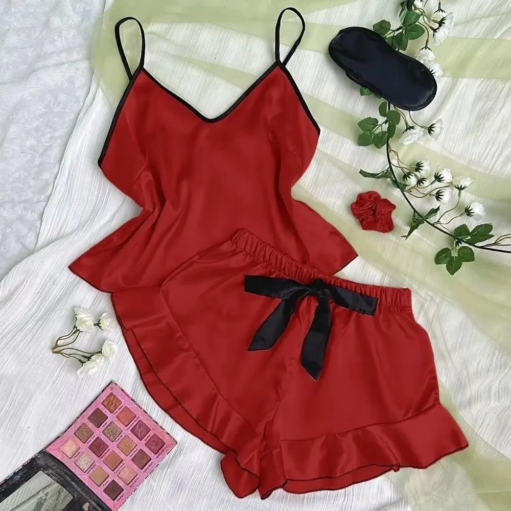 

Kawaii Homewear Women's Pajamas Set Soft V-neck Two Piece Nightwear Ruffle Casual Satin Silk Suspender Pajamas Women