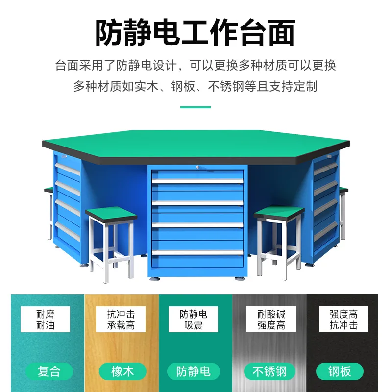 Heavy duty hexagonal fitter table, multi-station hexagonal tool table with vice