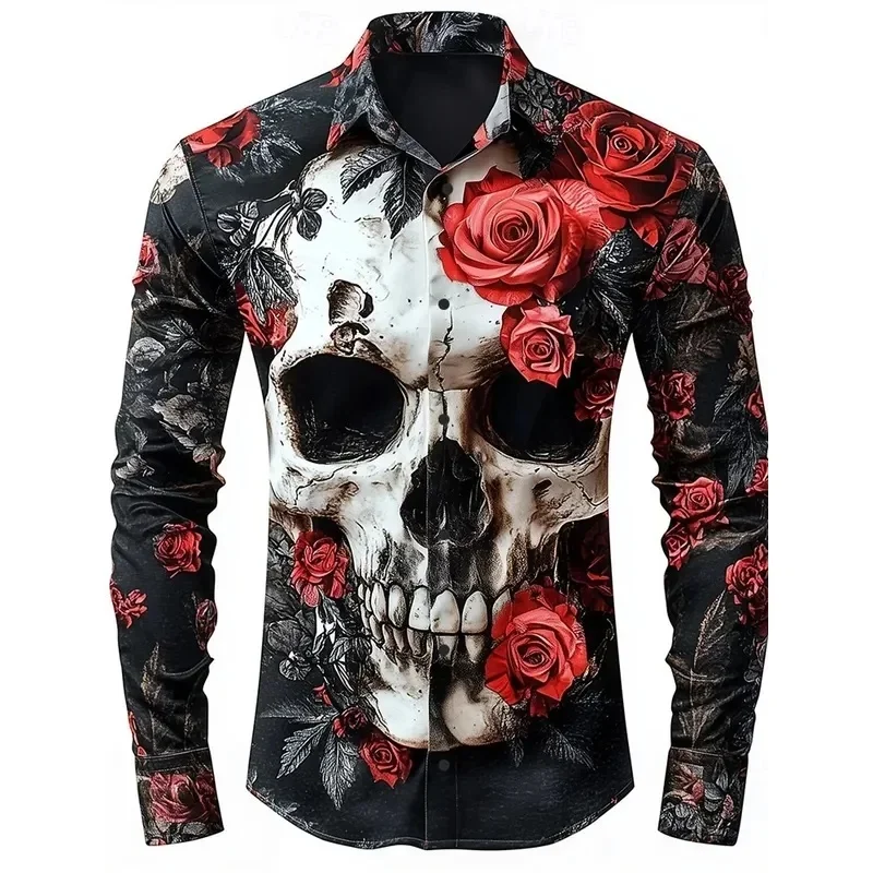 Men's Skeleton Rose Skulls Shirt Button Up Shirt Long Sleeve Dark Gothic Style Streetwear Turndown 3D Print Collared Shirts