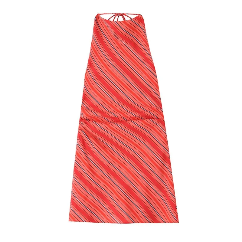 Dave&Di New European And American Style Fashionable Simple Hanging Neck Pleated Striped Dress