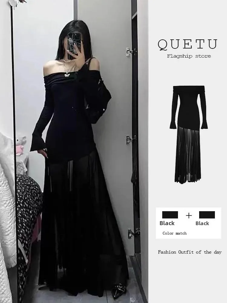 

Bla Me One oulder Long Sve Dr Women's Sle Slimming Ele Sexy ort Girls High Waist A-Line Skirt Dr