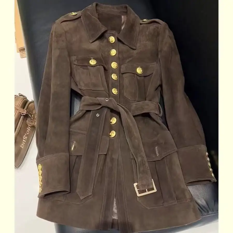 

Ele Brown Belted Waistcoat Women's Jaet 2025 Autumn New Sle Vintage Single Buttoned Coat Top Cleanfit Polyester Fiber