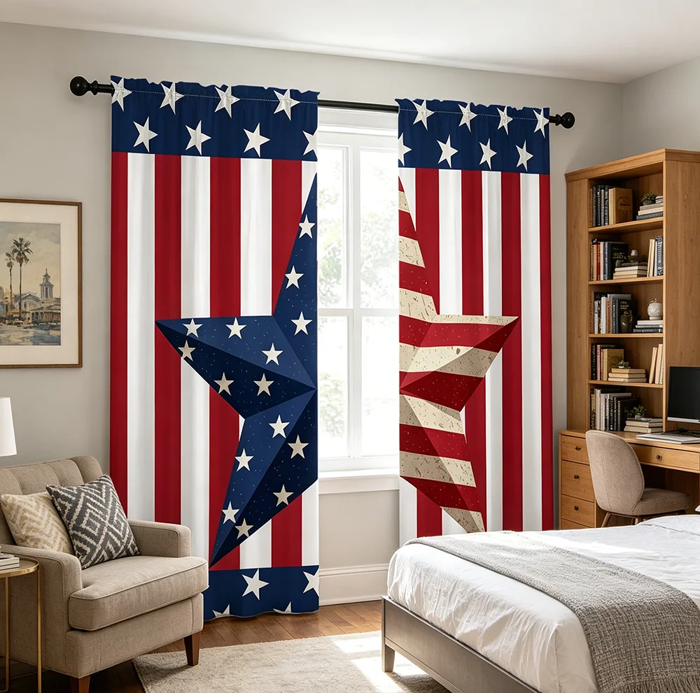 Digital Printed Curtains, Red Blue White Stars Pattern, Beautiful Window Drapes for Living Room Bedroom Home Decor