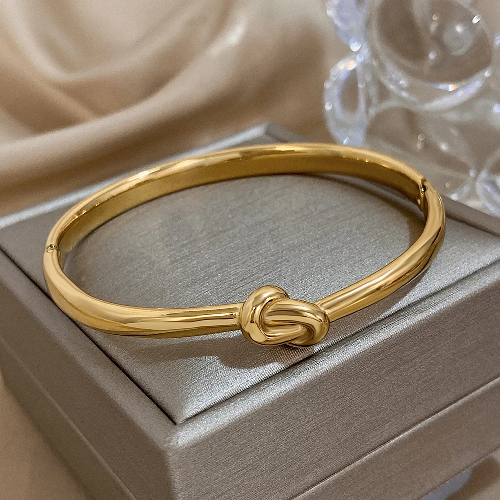 FLASHBUY Trendy Smooth Gold Color Twist Knot Stainless Steel Bangles Bracelets for Women New Simple Waterproof Jewelry